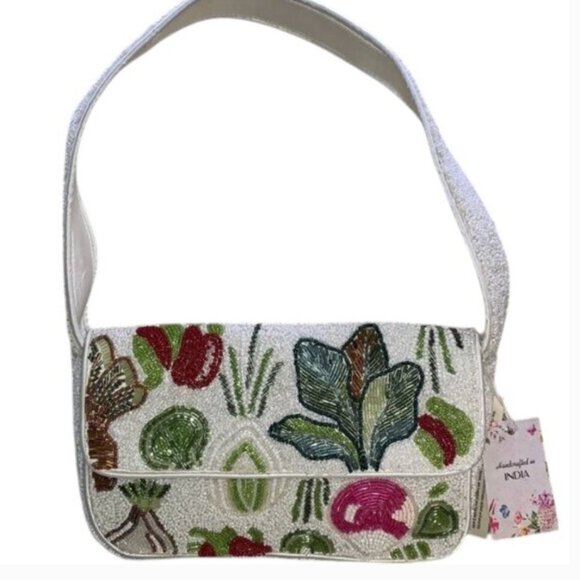 Handcrafted Made In India White Beaded Vegetable Shoulder Bag NWT Tik Tok Viral - Picture 1 of 9